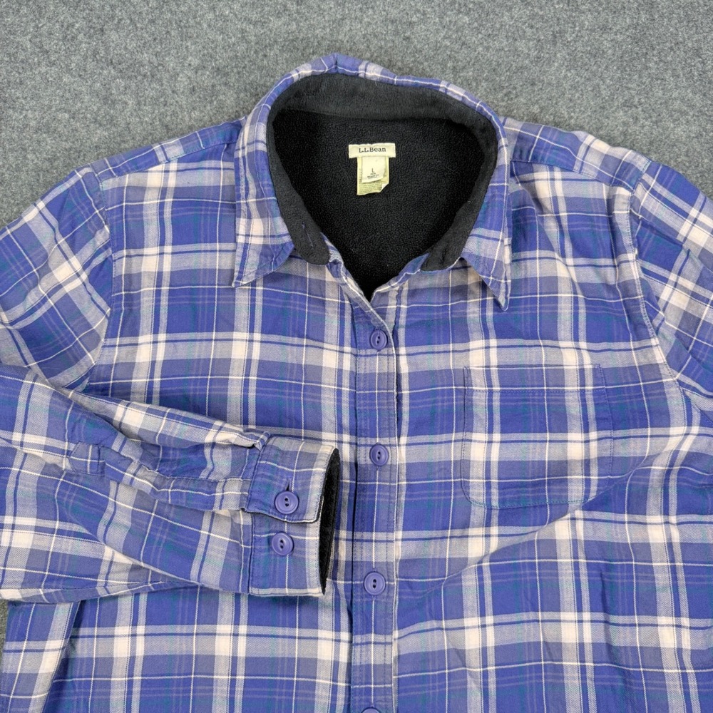 LL Bean Fleece Lined Flannel Shirt Womens Large Blue Plaid Button Down Shacket